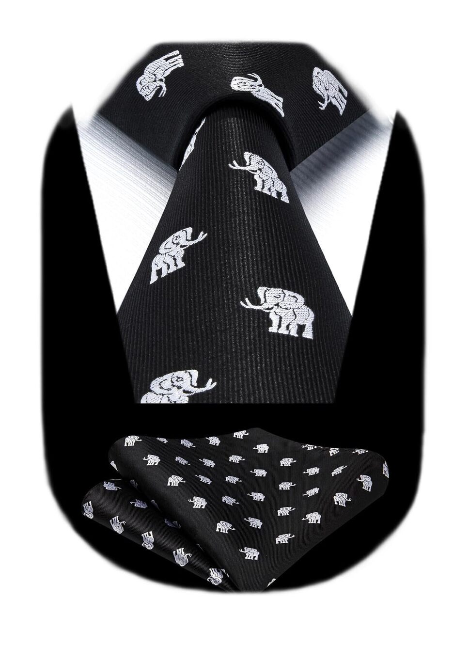 7651 Ties Classic Woven Black Tie and Pocket Square Formal Business